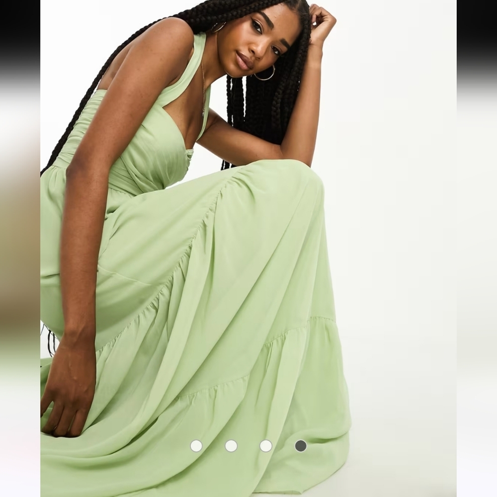 ASOS DESIGN Tall ruched bodice halter tiered maxi dress Sage green Wedding Y2K - Picture 2 of 13